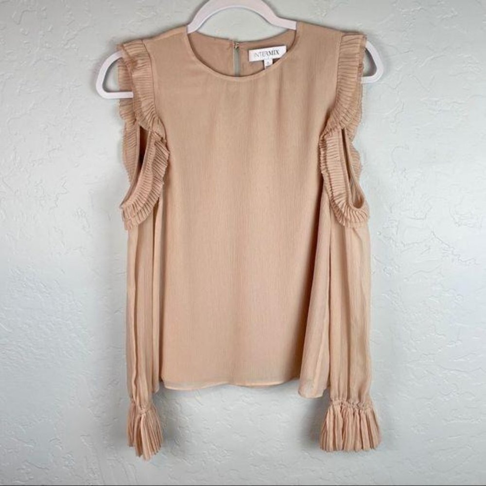 Intermix Nelly Silk Ruffle Cold Shoulder Blouse Blush Pleated Pink Size 0 - Picture 3 of 10